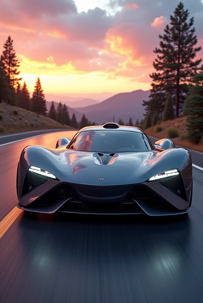 A sleek, high-performance sports car with a futuristic design, featuring a glossy metallic finish and sharp angular headlights. The car is set against a scenic background with a sunset-lit mountain range in the distance, a smooth, winding road, and tall trees lining the sides. The setting gives a sense of speed and luxury, with the vibrant sky reflecting off the car's polished surface, and the ambient light casting long shadows.