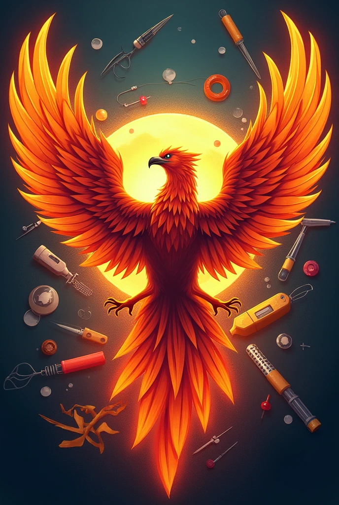 Generate a symbol that represents citizen security and forensic sciences with various things related to the subject and a phoenix.