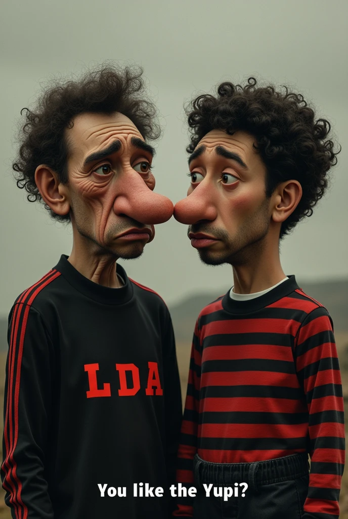 Make me a big nose with a black shirt with red stripes that says LDA crying next to a curly-haired black guy with a fat nose and that says below you like the yupi?
