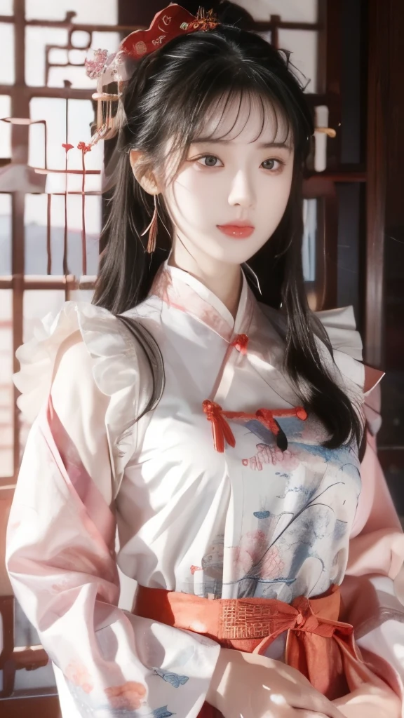 There is a cartoon of a girl wearing a skirt, Chinese dress, Hanbok apron, China costume, Chinese traditional clothing, Close-up - View, Hanbok, wearing ancient China costume, with ancient China costume, palace, Girl wearing Hanfu, White Hanfu, cheongsam, Wearing a pink floral tunic, Shadow Room, Light Edge, Two-color lighting, (High Detail Skin: 1.2), 8K uhd, Digital SLR Camera, Soft Light, high quality, Volumetric Lighting, Sneak Peek, photo, high resolution, 4K, 8K, Blurred Background