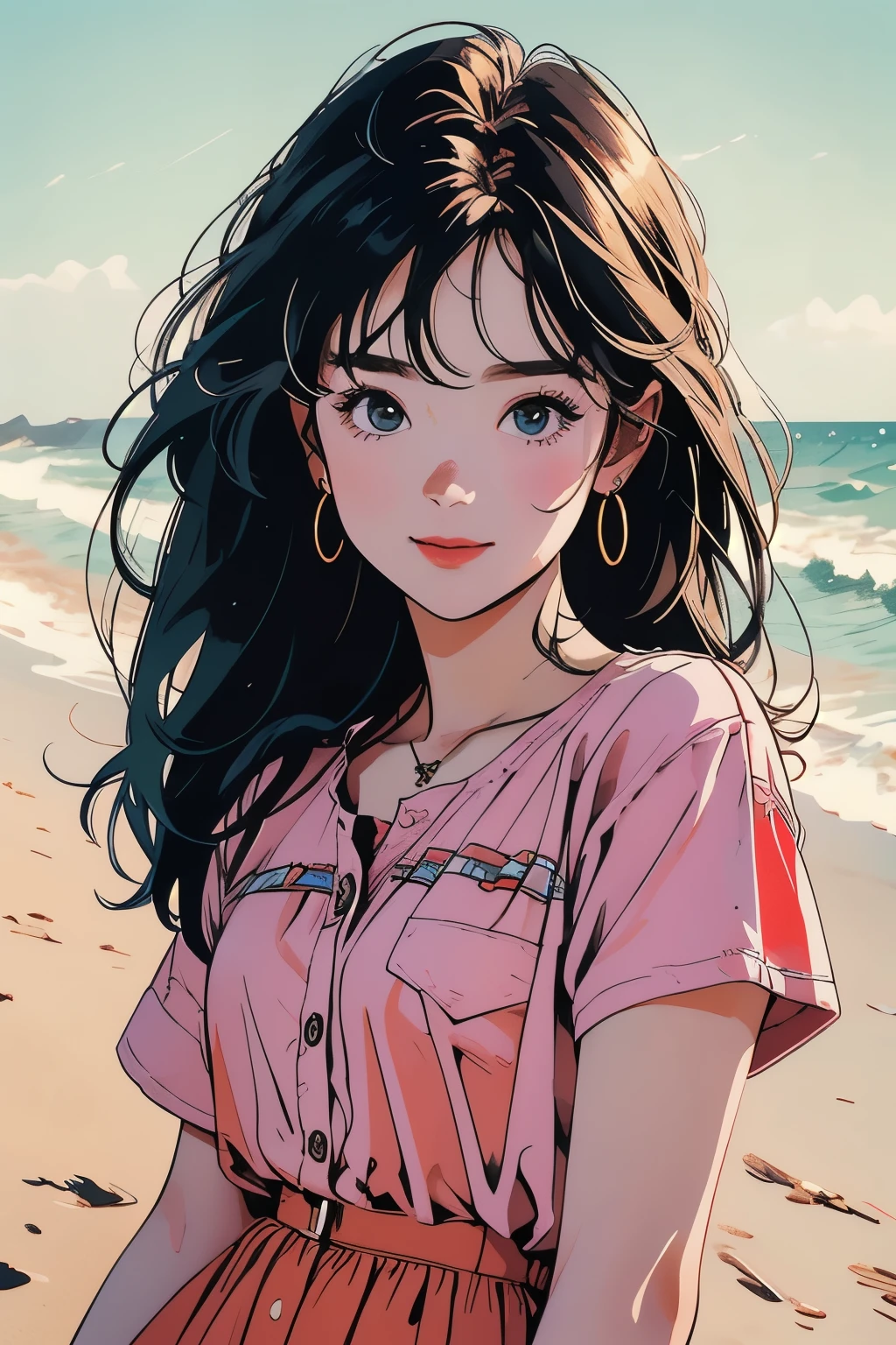Upper body close-up image. Detailed drawing of the face.One cute girl. Twenty years old. She has a can of cola in one hand. The season is summer. she is standing on the seashore. She has a refreshing smile.