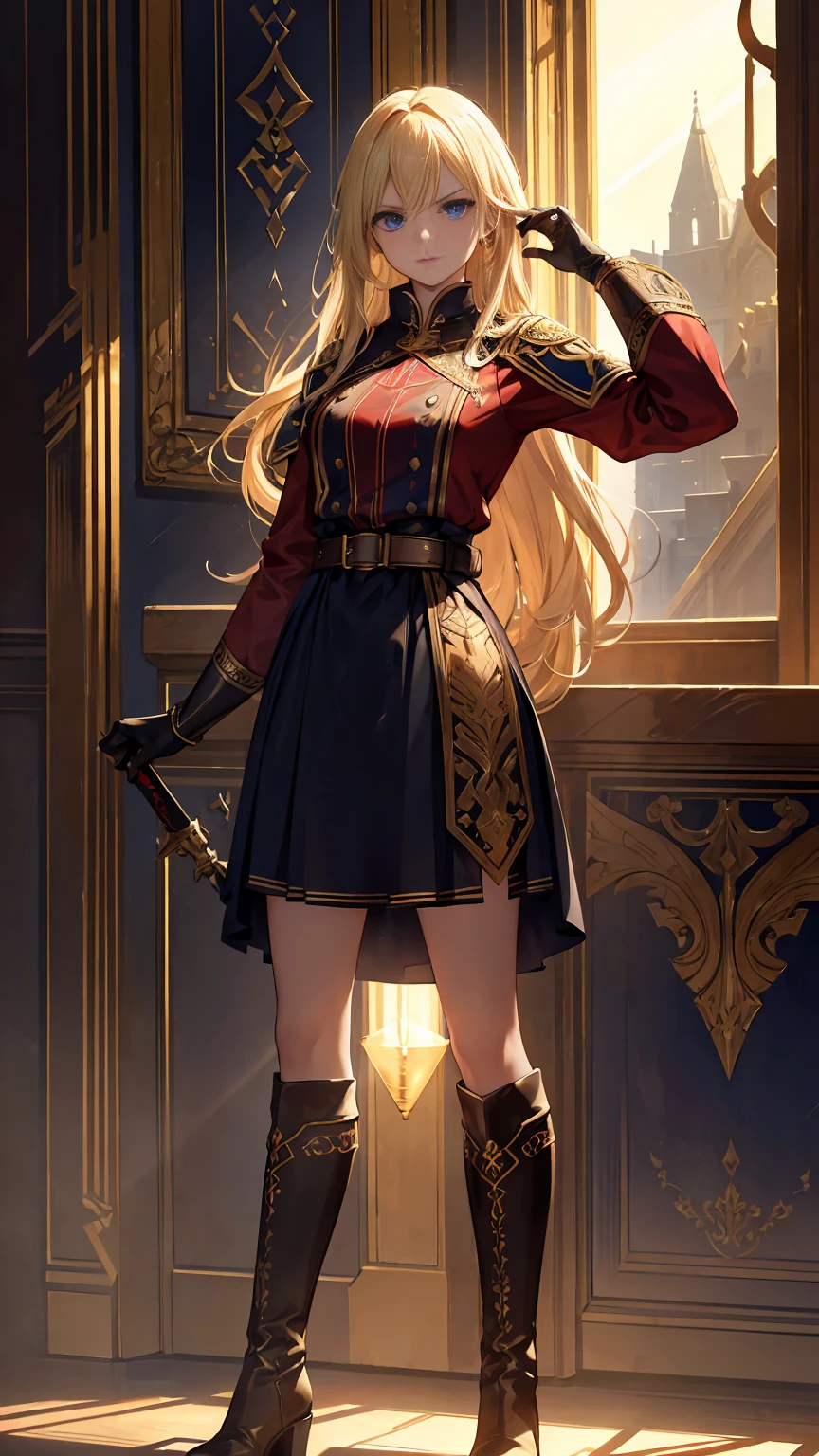 20-year-old girl, long blonde hair, blue eyes, angry expression, long dark blue skirt with gold embroidery at the hem, old-fashioned blue blouse with long fitted sleeves, adorned with red details, red leather gloves that reach her elbows, dark brown leather boots that reach mid-calf, leather belt adorned with a golden buckle and red details, her weapon is a huge greatsword with a gold and red decorated handle, hanging on her back in an ornate sheath, 8k, high quality, full body, (ultra-realistic), {extremely detailed 8k CG unit wallpaper}, expansive landscape photograph, (a view from below showing the grandeur of the character, wide open field view), (light: 2.0), (warm light source: 1.5), complex details, (atmospheric lighting), surreal, impressive, fantasy, (Solo: 1.2)