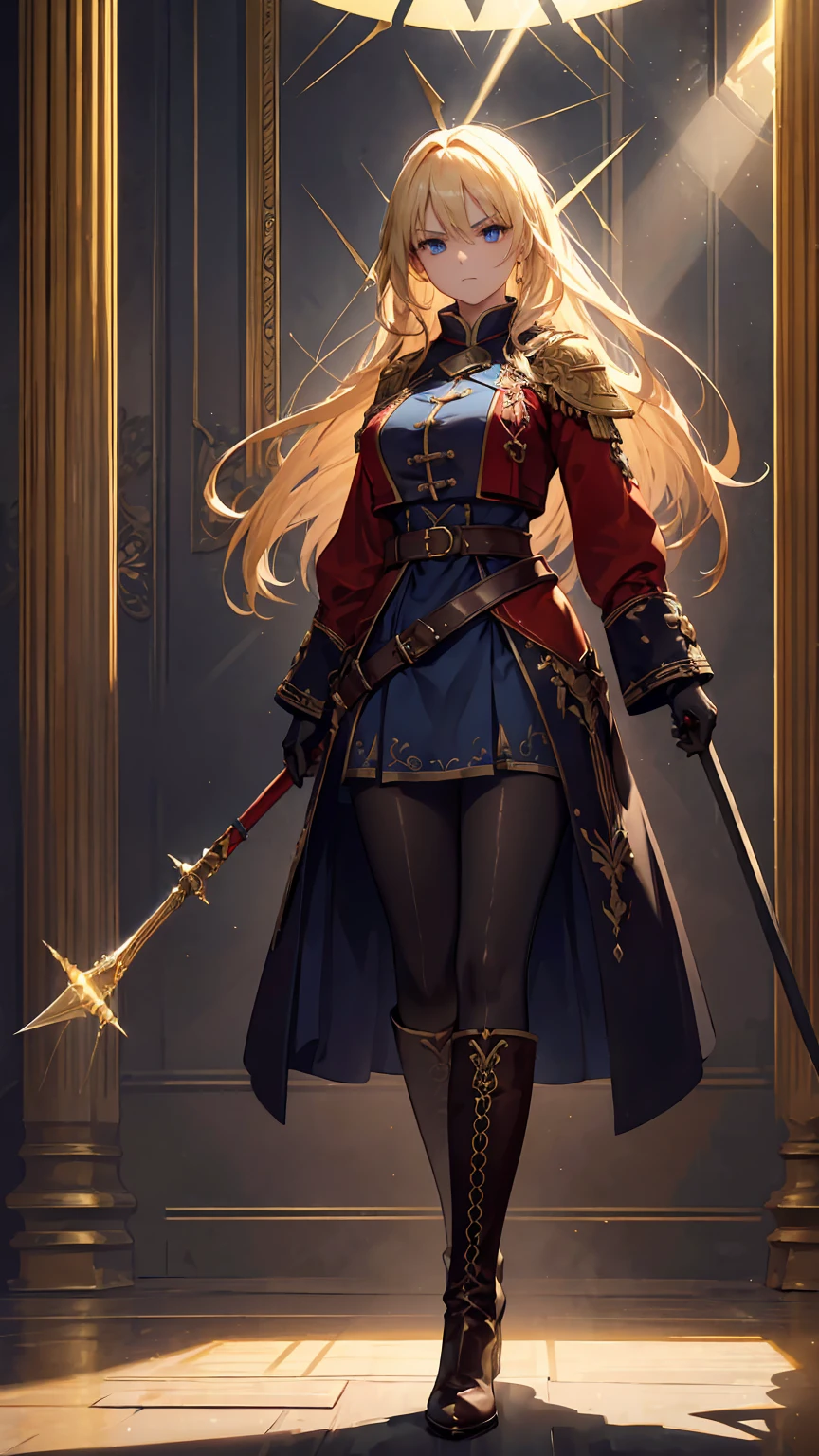 20-year-old girl, long blonde hair, blue eyes, angry expression, long dark blue skirt with gold embroidery at the hem, old-fashioned blue blouse with long fitted sleeves, adorned with red details, red leather gloves that reach her elbows, dark brown leather boots that reach mid-calf, leather belt adorned with a golden buckle and red details, her weapon is a huge greatsword with a gold and red decorated handle, hanging on her back in an ornate sheath, 8k, high quality, full body, (ultra-realistic), {extremely detailed 8k CG unit wallpaper}, expansive landscape photograph, (a view from below showing the grandeur of the character, wide open field view), (light: 2.0), (warm light source: 1.5), complex details, (atmospheric lighting), surreal, impressive, fantasy, (Solo: 1.2)