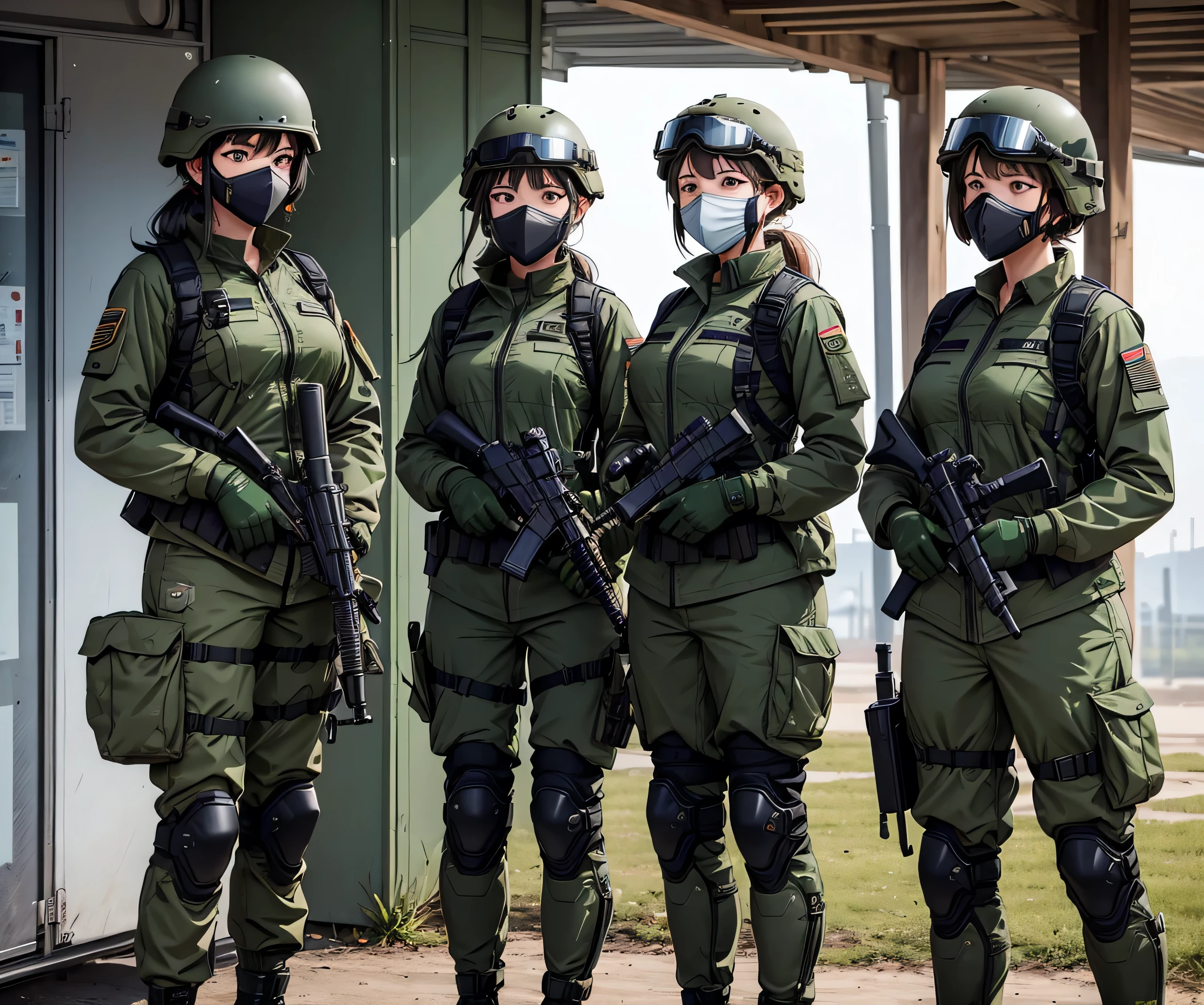Four female special forces soldiers wearing dark green M-51 military uniforms stand side by side、Put on a helmet、Wear goggles、wearing gas masks、Individual equipment set、Knee pads、dusk、Write details、masterpiece、best quality、Highly detailed CG、8K picture quality