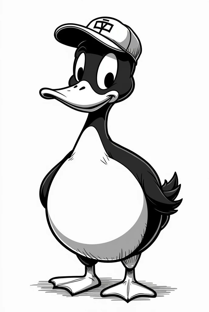 create me a cartoonish black and white duck from the 40s with a cap