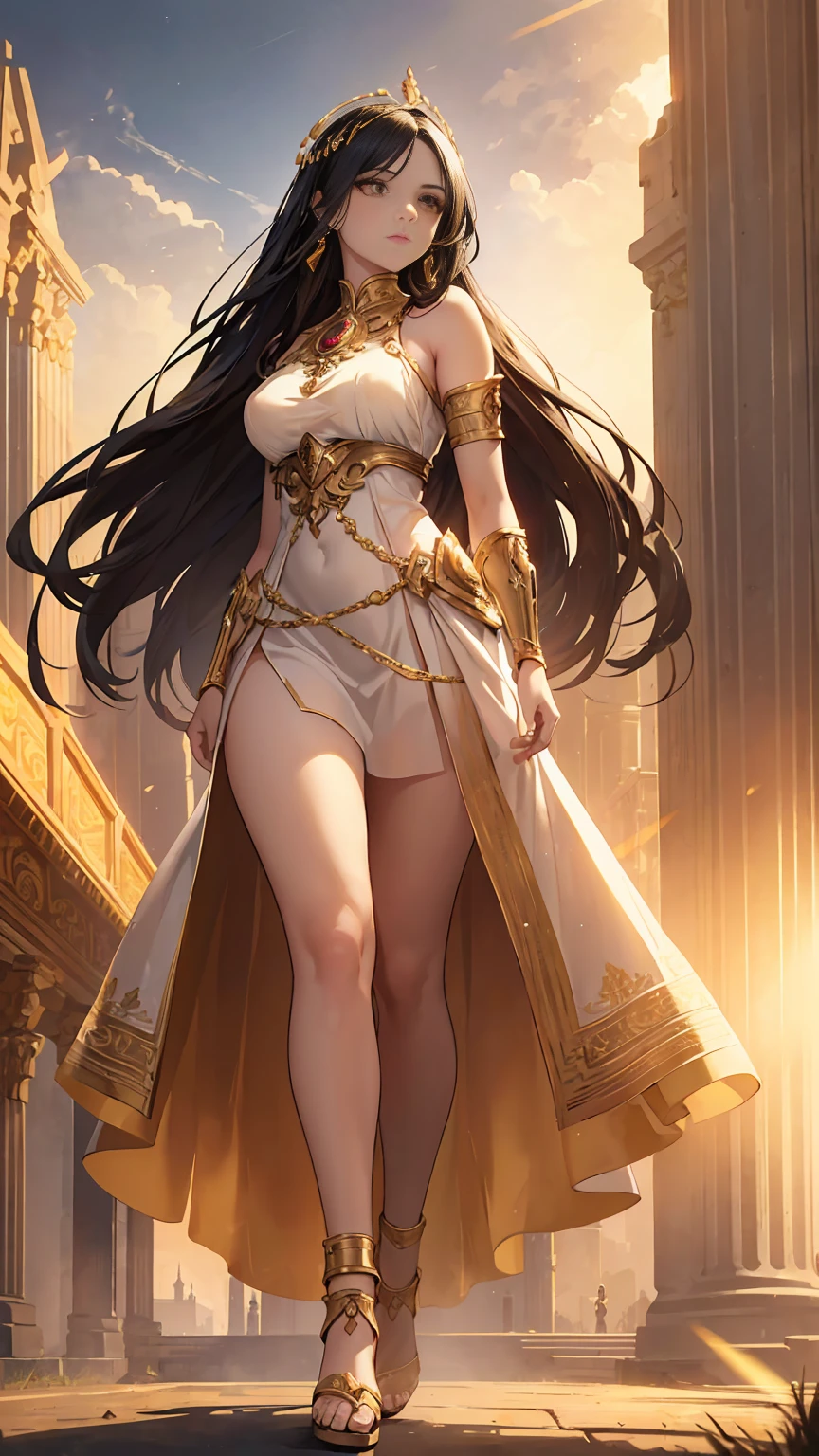 20 years old, with long black hair down to her waist, golden eyes. She wears jewelry and dresses in an antique style, donning a long white dress with golden details. She wears elegant gladiator sandals. She possesses golden powers and has a golden-themed background. Whole body, (ultra realistic), {Extremely detailed CG unit 8k wallpaper}, expansive landscape photography, (A view from below that shows the greatness of the character, wide open field view), (low angle shot), (light: 2.0), (warm light source: 1.5), Complex details, (atmospheric lighting), surreal, Awesome, fancy, (Alone: 1.2)