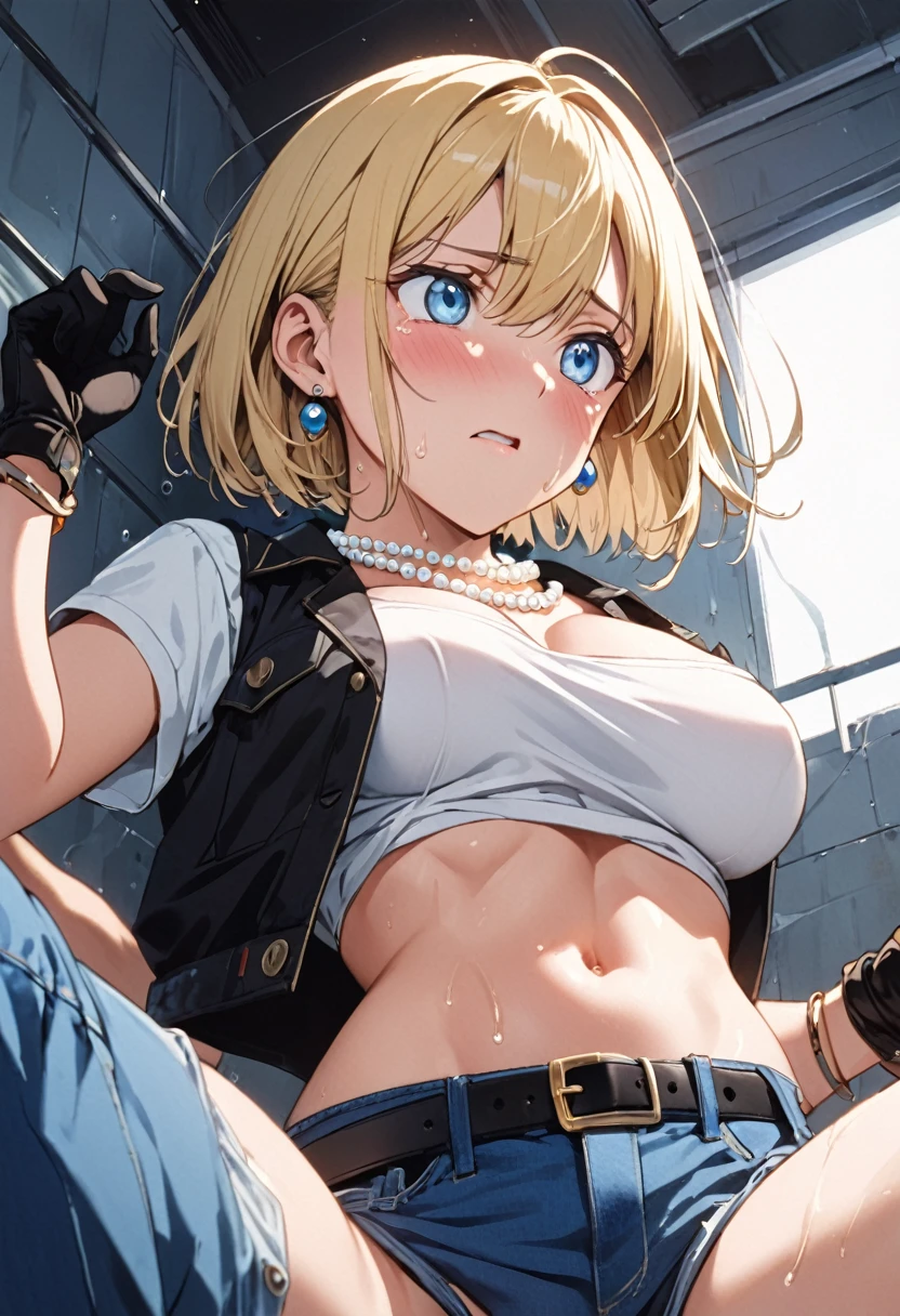 ((topless)), nsfw, masterpiece, 1 girl, erect nipples, intricately detailed, navel, bare shoulders, blonde hair, hard hat, construction site, towel on neck, wiping sweat, baggy pants, cargo pants, extremely detailed, bare breasts, puffy nipples, blue eyes, bare stomach, sweaty, medium breasts, arm strap, cowboy shot, holding sledgehammer, , chain, soft eyes, smiling, day, belt, rubble, short hair, open mouth, hairband, cg masterpiece