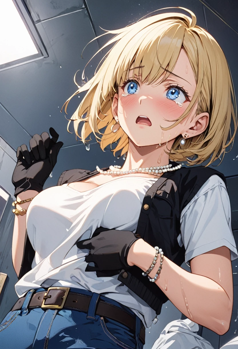 masterpiece, Highest quality, High resolution, (Artificial Human Room No. 18),1990s \(style\),(E-cup beautiful breasts)、height: 170cm,Sweating all over the body、vapor、Muscular、((sexy))、(sex),(nsfw),(M-shaped legs),Sweaty、(Breasts spilling out of clothes),独奏,Anime-style painting style, blonde hair, Blue eyes, belt, jeans, pearl_necklace, bracelet, black gloves, white shirt, short hair, short sleeves, earrings, blue short pants, open vest, black vest,middle breasts,Composition focusing on the upper body,(Cool face)、Pointed eyes,A face writhing in pleasure,Provocative pose