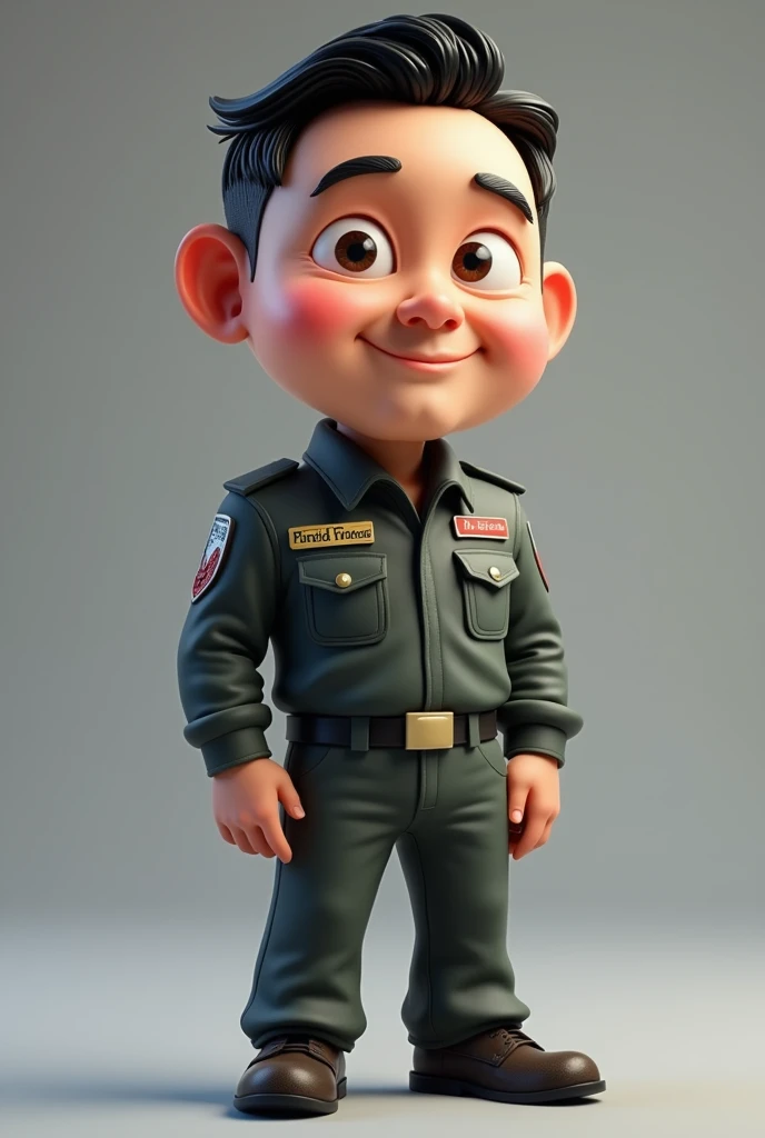 an indonesia man, javanese, on his 40, calm face, typical family man yet stylish, wear top gun jet fighter uniform,his name tanto written on left name tag, favourite trans written on right, big head, 3d, short , portrait. grey background, 3d cartoon, caricature