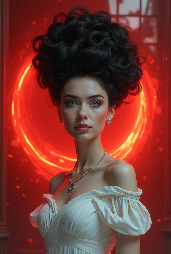 Black big hair girl with blue eye in white big dress with silver necklace with small earring Background: met gale with red tablet 