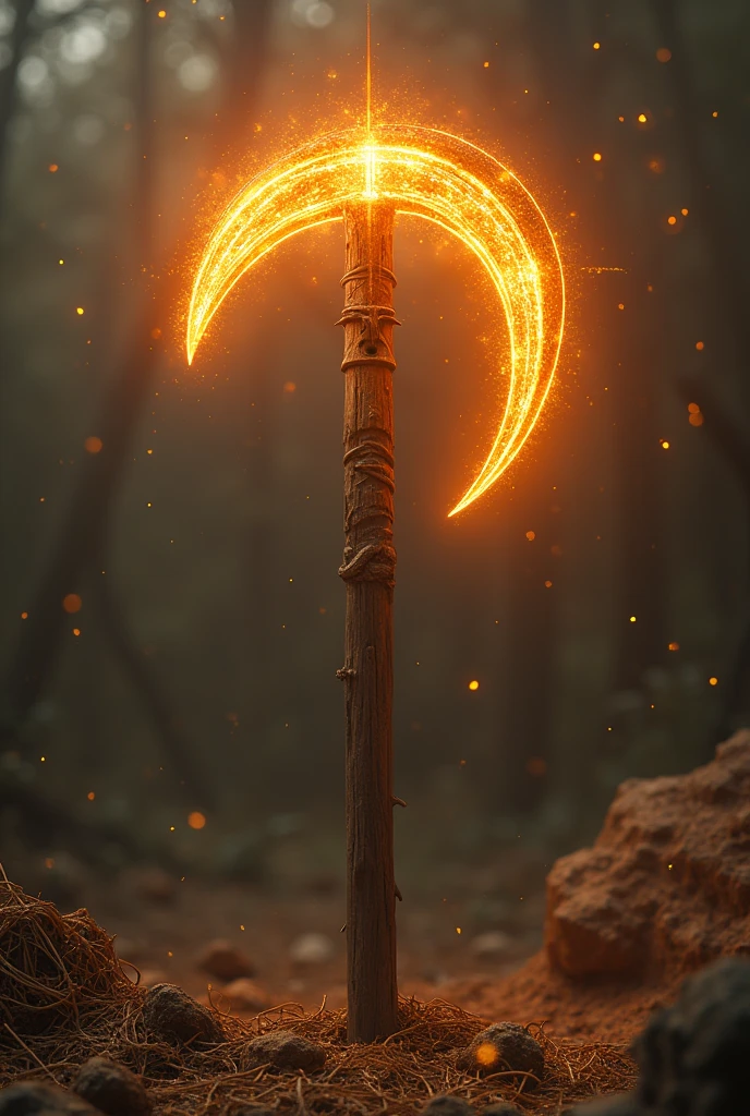 Envision a powerful solar Π scythe, with sunbeams concentrating on the curved blade, and a sturdy, worn handle made of dark wood.