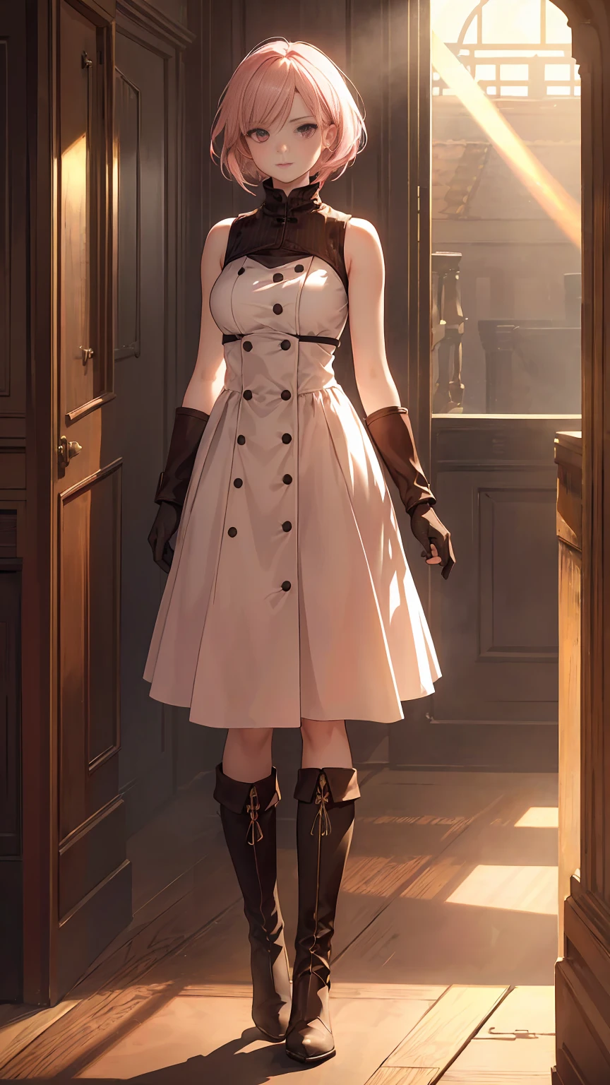 20 years old, with short pink hair just below the shoulders, pale pink eyes, and an expression that is serious yet happy. She dresses in an antique style, wearing a long light brown skirt, a sleeveless white blouse with a vertical red line down the center on the buttons, brown gloves, and high boots with many straps. Her weapons are hundreds of needles connected by thread. 8k, high quality, full body, (ultra-realistic), {extremely detailed 8k CG unit wallpaper}, expansive landscape photograph, (light: 2.0), (warm light source: 1.5), complex details, (atmospheric lighting), surreal, impressive, fantasy, (Solo: 1.2)