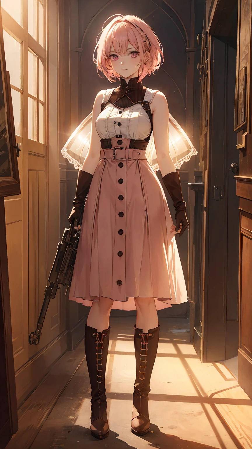 20 years old, with short pink hair just below the shoulders, pale pink eyes, and an expression that is serious yet happy. She dresses in an antique style, wearing a long light brown skirt, a sleeveless white blouse with a vertical red line down the center on the buttons, brown gloves, and high boots with many straps. Her weapons are hundreds of needles connected by thread. 8k, high quality, full body, (ultra-realistic), {extremely detailed 8k CG unit wallpaper}, expansive landscape photograph, (light: 2.0), (warm light source: 1.5), complex details, (atmospheric lighting), surreal, impressive, fantasy, (Solo: 1.2)