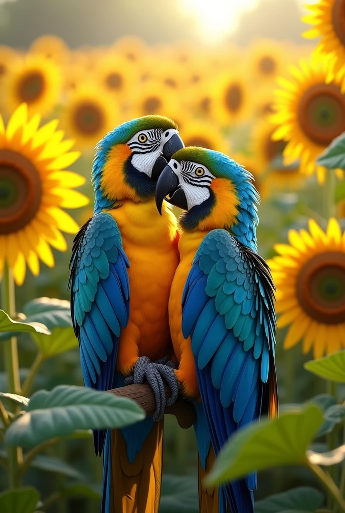 Two Blue-and-yellow Macaws caressing each other in a sunflower field
