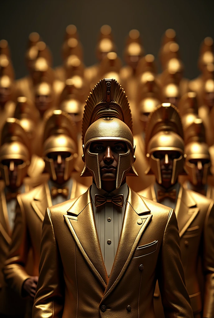 Gold statue of crowd, wearing toxido formal suit and dress and wearing spartans helmet, looking at the camera, gold texture, whole body, black background, high quality, 4k resolution, intricate detailed