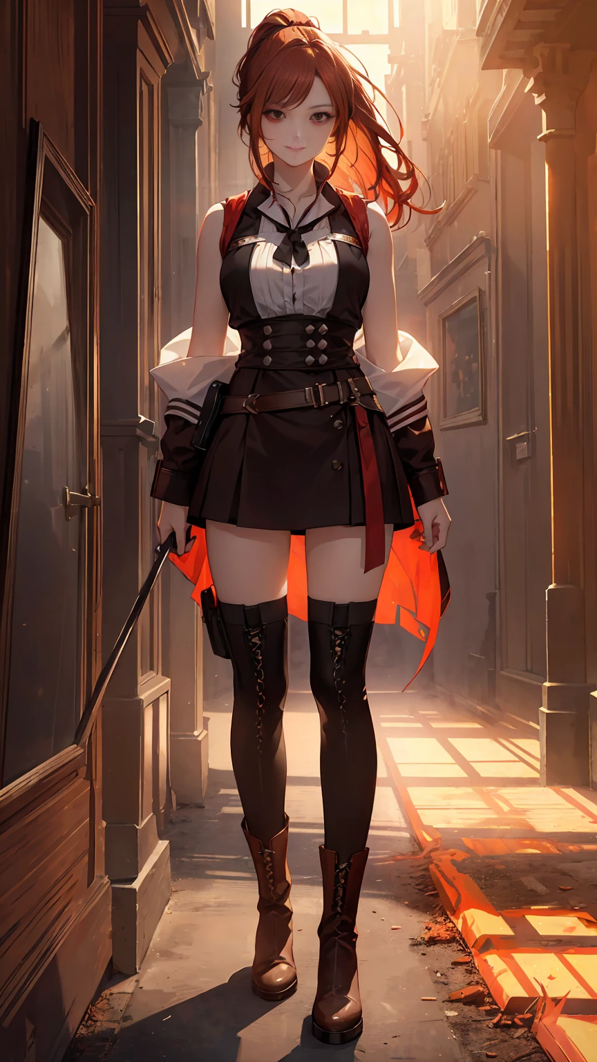 20 years old, long red hair, wears a ponytail, red eyes, always smiling. She dresses in an antique style, wearing a short brown skirt with black shorts underneath, ending above the knees. She wears knee-high brown boots. Her white blouse is sleeveless and features red details. She possesses fire powers and has a fire-themed background. 8k, high quality, full body, (ultra-realistic), {extremely detailed 8k CG unit wallpaper}, expansive landscape photograph, , (light: 2.0), (warm light source: 1.5), complex details,, (atmospheric lighting), surreal, impressive, fantasy, (Solo: 1.2)