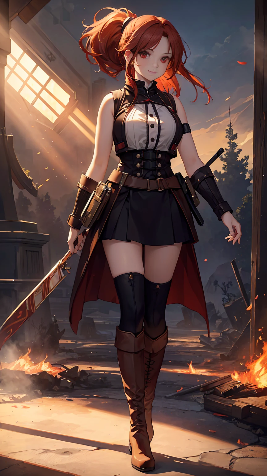 20 years old, long red hair, wears a ponytail, red eyes, always smiling. She dresses in an antique style, wearing a short brown skirt with black shorts underneath, ending above the knees. She wears knee-high brown boots. Her white blouse is sleeveless and features red details. She possesses fire powers and has a fire-themed background. 8k, high quality, full body, (ultra-realistic), {extremely detailed 8k CG unit wallpaper}, expansive landscape photograph, , (light: 2.0), (warm light source: 1.5), complex details,, (atmospheric lighting), surreal, impressive, fantasy, (Solo: 1.2)