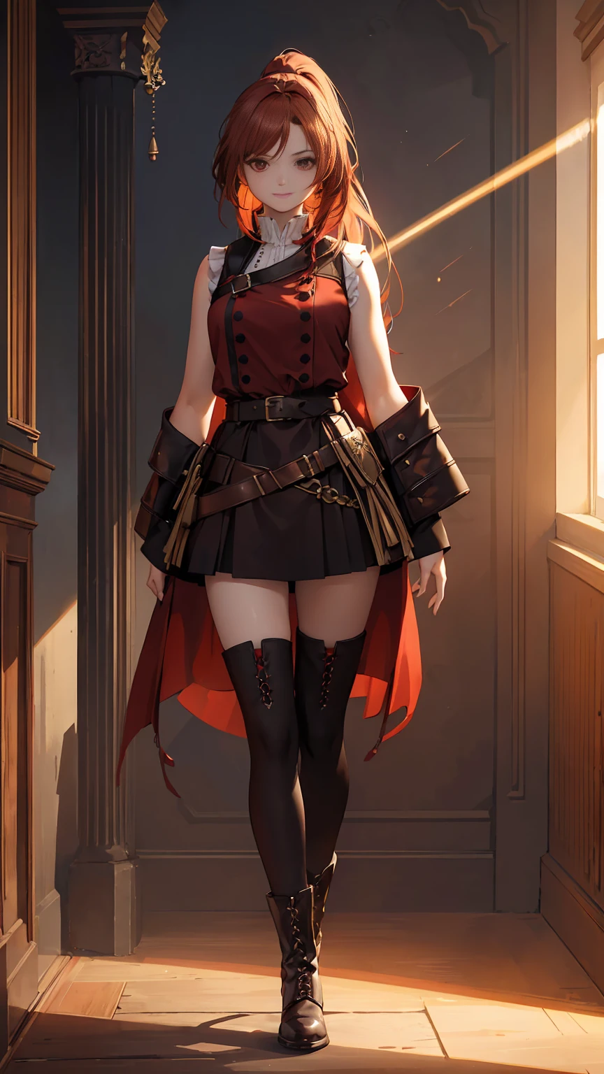 20 years old, long red hair, wears a ponytail, red eyes, always smiling. She dresses in an antique style, wearing a short brown skirt with black shorts underneath, ending above the knees. She wears knee-high brown boots. Her white blouse is sleeveless and features red details. She possesses fire powers and has a fire-themed background. 8k, high quality, full body, (ultra-realistic), {extremely detailed 8k CG unit wallpaper}, expansive landscape photograph, , (light: 2.0), (warm light source: 1.5), complex details,, (atmospheric lighting), surreal, impressive, fantasy, (Solo: 1.2)