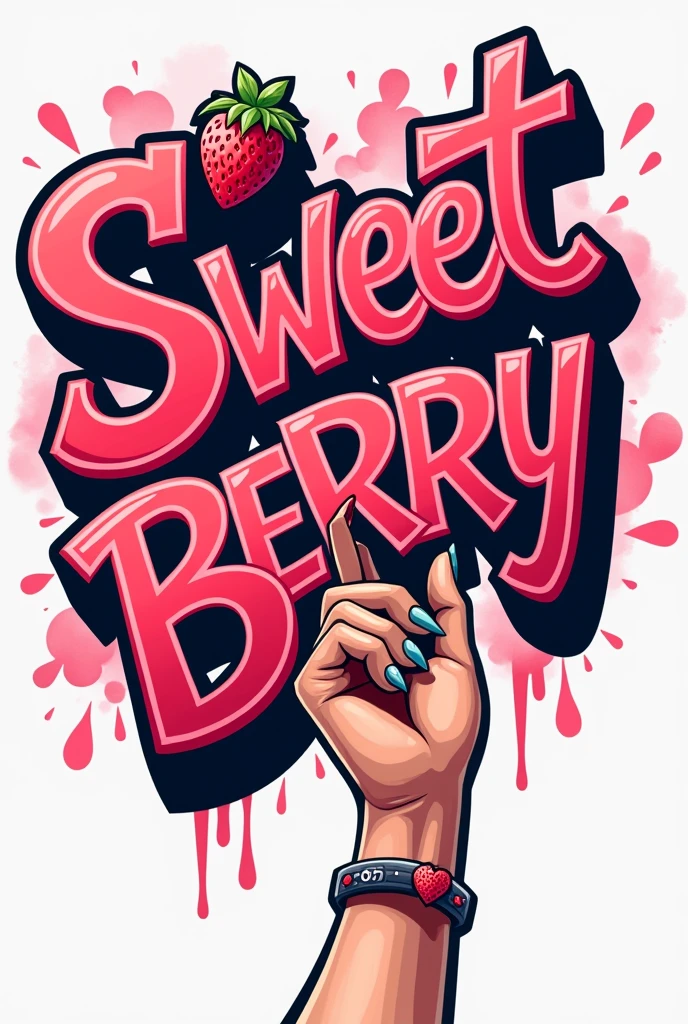 A logo with the name sweetberry in graffiti with nothing behind it , just the name , a small strawberry and a female hand with a bracelet Make the name look more like graffiti