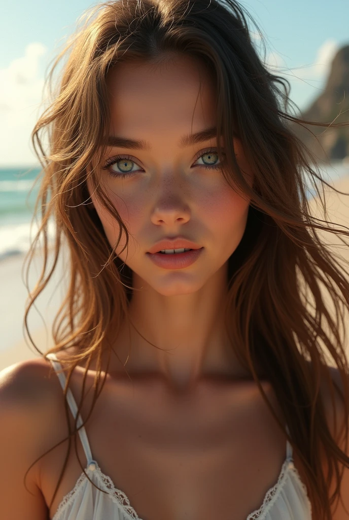 Brunette blue eyes 2 beach hair loose bare