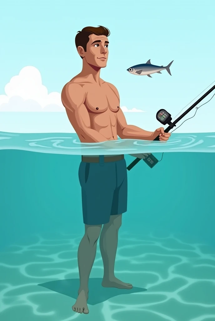 A fisherman clipart without clothes half way in the water,  stands in water and water is to his chest, and fishing. The fisherman stands 90 degree on teh side and non facing  to camera. The water is very clear can see everything. The water is higy to his chest. His shoulder is under the water and one fish is coming to his shoulder, to him under the water.