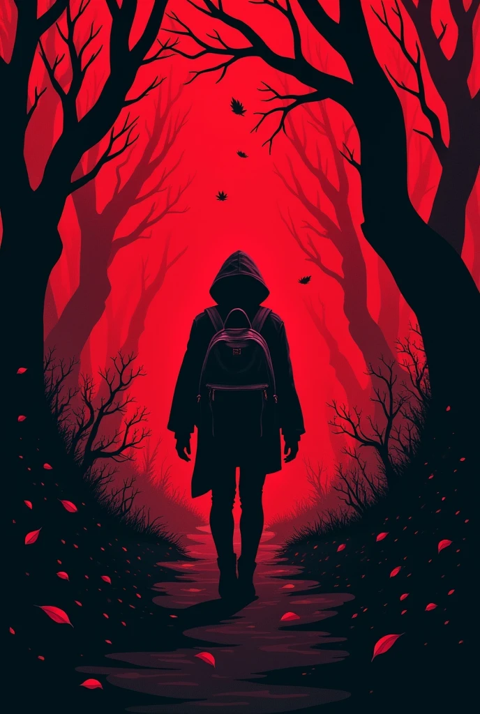 The image shows a dark, stylized scene of a hooded figure with a backpack, Walking in a forest at night. The background is predominantly red, with silhouettes of trees and black vegetation in contrast. The atmosphere is mysterious and unsettling, with leaves slowly falling around the figure. The art has a graphic style, with strong contrasts between light and shadow, capturing a sense of suspense.