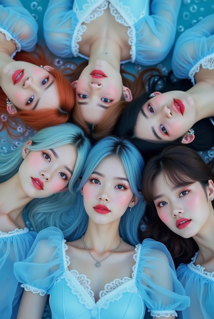 A kpop five member group their in a photoshoot wearing blue cute outfits bubble
the theme is bubble their surrounded by bubbles the first member has ginger hair the other silver the third blue and fourth brown and fifth black their all really skinny and pretty their laying on the ground and it's a close up of their face