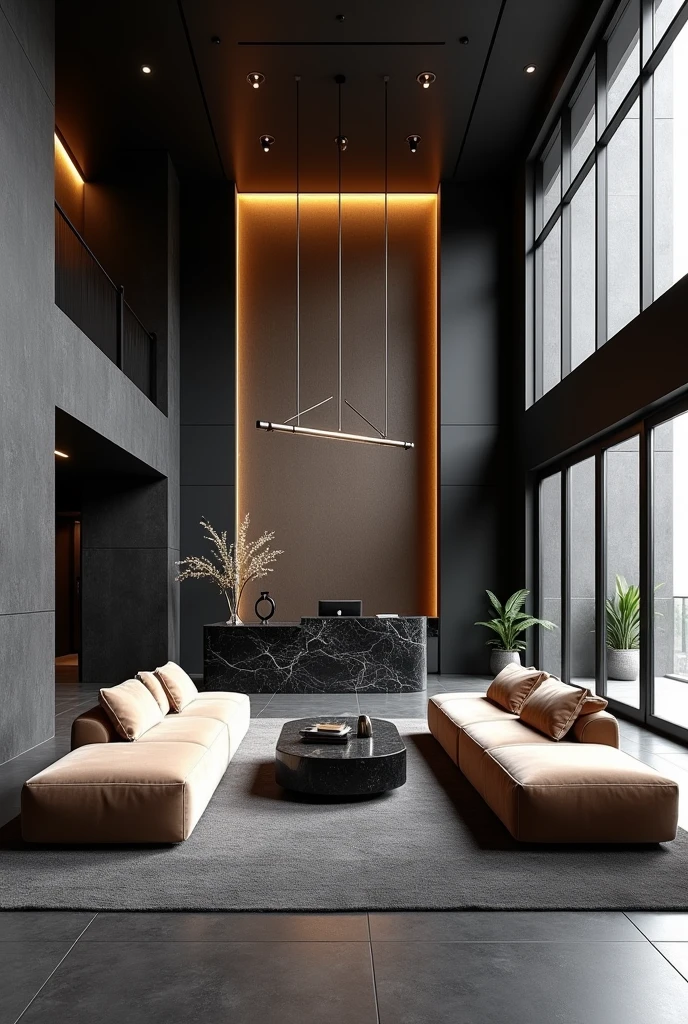 Professional 3d architecture rendering design of modern   hotel’s Labi with  dark slab  stone  and two dark beige floranca velvet sofa  set and medium  flouting  dark gray marble  station and elegant and modern accessories and modern windows and black slab stone middle table and elegant and modern  ceiling lighting and elegant accessories and elegant  dark  silk gray Persian carpet and elegant  and modern ceiling lighting 