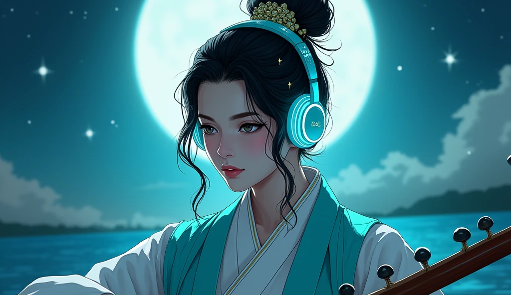 Portrait of a graceful female samurai with makeup in bright turquoise and white, giving her a fresh and lively appearance. Her hair is arranged in a loose bun, adorned with small, decorative beads that sparkle like stars. She is focused on playing a koto, with modern, glowing neon-blue headphones. The backdrop features a serene night landscape with a large, luminous moon and twinkling stars, reflecting a blend of traditional and contemporary elements.