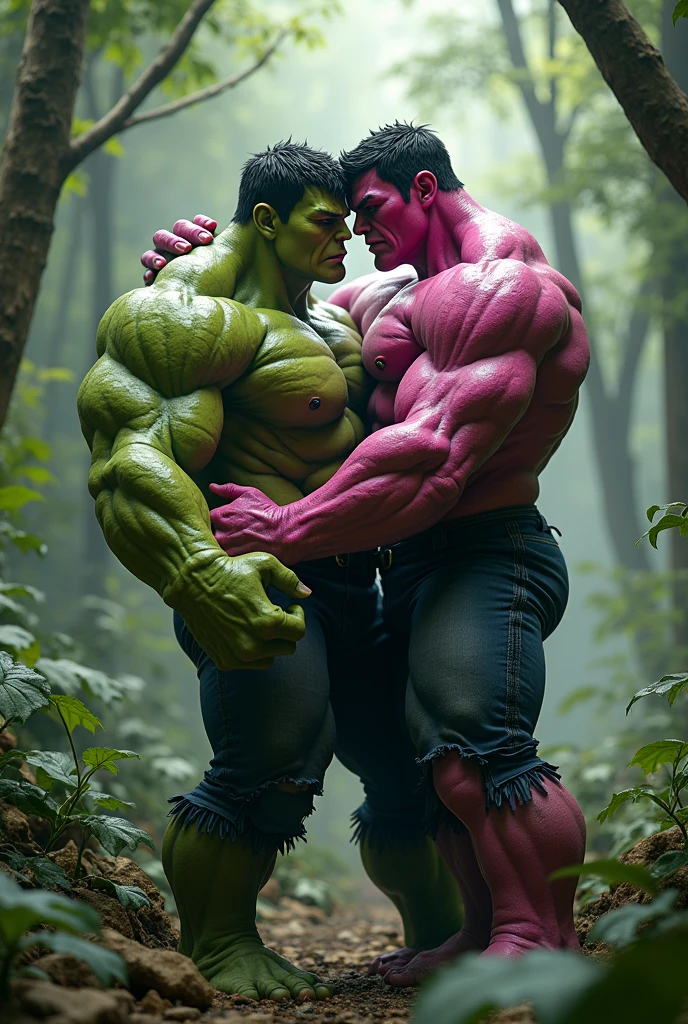 Imagine Female Hulk (Pink Colour Body) with Male Hulk (Green Colour Body) in Side Forest, Wide Angle View, Kiss each other.