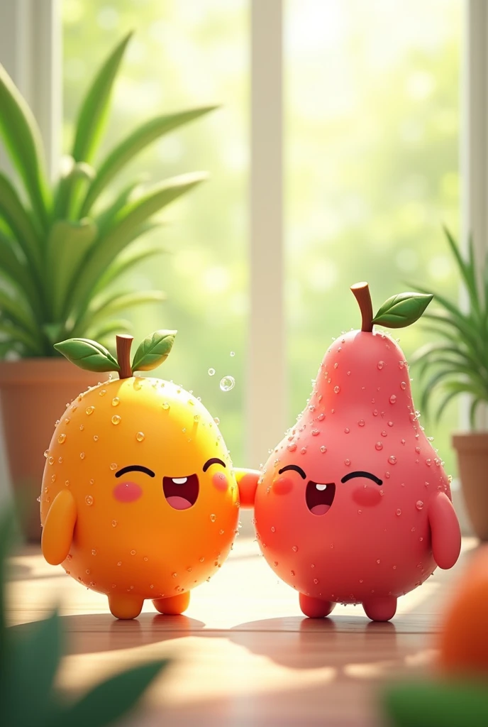 Create an image of two adorable, cartoonish fruit characters, one orange and one pink, both with cheerful smiles and tiny arms and legs. They have glossy, semi-transparent surfaces with tiny water droplets, and each has a small leaf on top. The background features a bright and airy indoor setting with green plants and soft natural light, creating a cozy atmosphere. The scene conveys a sense of happiness and friendship, with a gentle bokeh effect in the background.