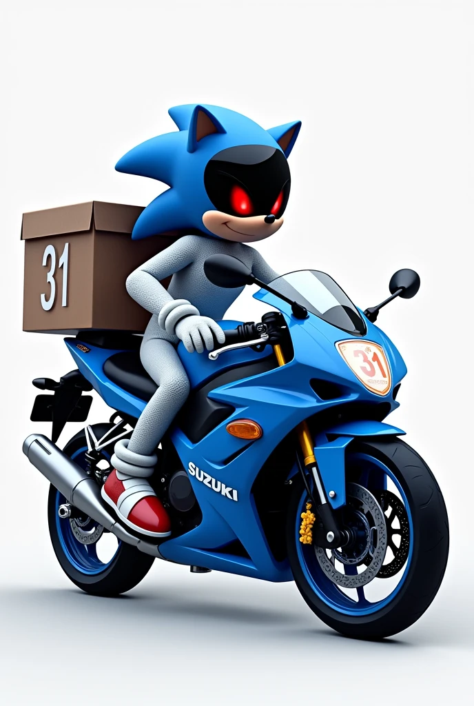 Create a png image of Sonic with a completely white body and red eyes delivering food on a blue Susuki GN125 motorcycle and the number 31 can be seen on the motorcycle, and have a black motorcycle helmet