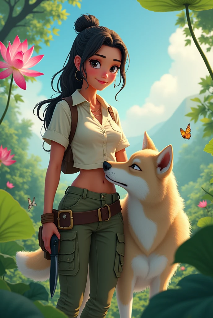 She is a girl who likes nature, she likes free style and aesthetics. She style is fierce. She symbolizes a woman with a high IQ and of course she is beautiful, with black eyes . Make it in animated form There is always a lotus flower that she likes. And he likes butterflies. He likes it in the house. Dress like an adventurer. Wearing an cream colored shirt , cargo pants Cream colored and black adventure Knife in hand And hair in a bun. Ada serigala sangat menyeramkan gigi bertaring dan bulu berwarna putih di bawah tangan sedang di belai