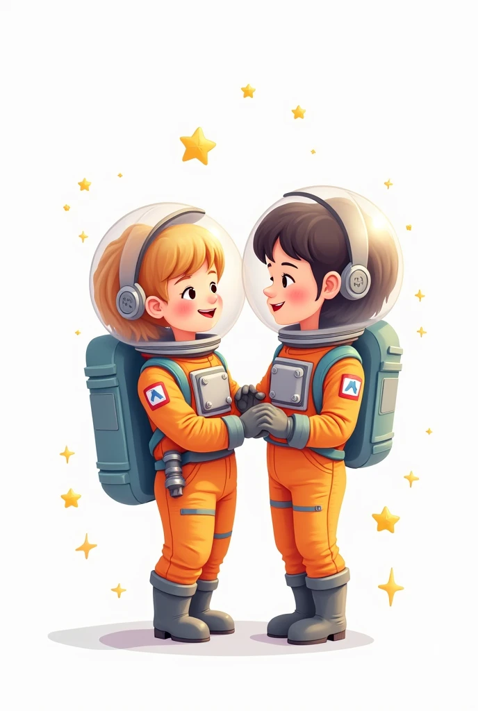 Male & female astronauts lovely moment full cartoon picture. It should be extraordinary & with white background. 