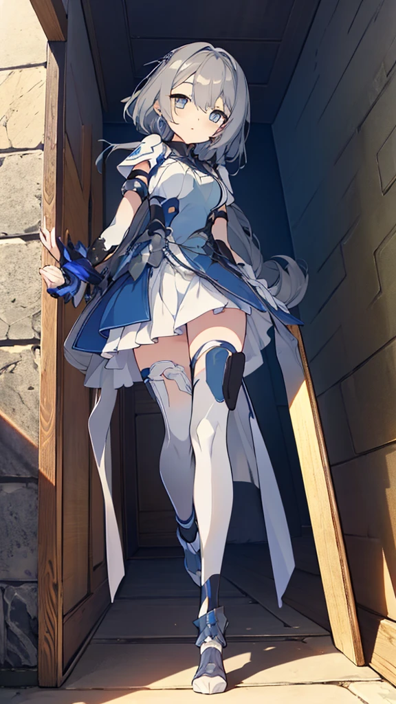 ((full body)),Teenage Girls in Anime, Blue and grey metal armor, Blue hand and thigh accessories, Short dark blue-gray hair, hair accessory, Grey Eyes, Silver earrings, nose, Curious, Healthy Skin, Very dirty, head, shoulder, Small box, arms, Have a map, Narrow waist, feet, Medium thighs, Has black robotic legs, cute, Bright colors on the shirt, Futuristic marble white palace, Shining light in the sky, Stand next to a wall, Cinematic Light, High resolution, Highest quality, Super detailed, Detailed face, (Detailed eyes), Highest quality, Super detailed, masterpiece, (Detailed face), Beautiful face, feetを見せて, short hair