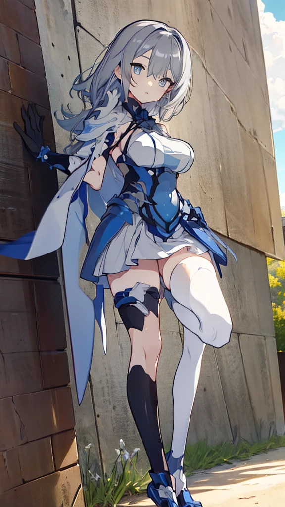 ((full body)),Teenage Girls in Anime, Blue and grey metal armor, Blue hand and thigh accessories, Short dark blue-gray hair, hair accessory, Grey Eyes, Silver earrings, nose, Curious, Healthy Skin, Very dirty, head, shoulder, Small box, arms, Have a map, Narrow waist, feet, Medium thighs, Has black robotic legs, cute, Bright colors on the shirt, Futuristic marble white palace, Shining light in the sky, Stand next to a wall, Cinematic Light, High resolution, Highest quality, Super detailed, Detailed face, (Detailed eyes), Highest quality, Super detailed, masterpiece, (Detailed face), Beautiful face, feetを見せて, short hair