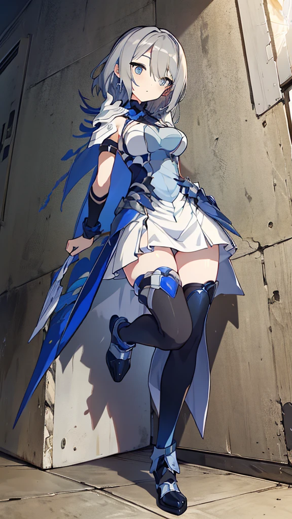 ((full body)),Teenage Girls in Anime, Blue and grey metal armor, Blue hand and thigh accessories, Short dark blue-gray hair, hair accessory, Grey Eyes, Silver earrings, nose, Curious, Healthy Skin, Very dirty, head, shoulder, Small box, arms, Have a map, Narrow waist, feet, Medium thighs, Has black robotic legs, cute, Bright colors on the shirt, Futuristic marble white palace, Shining light in the sky, Stand next to a wall, Cinematic Light, High resolution, Highest quality, Super detailed, Detailed face, (Detailed eyes), Highest quality, Super detailed, masterpiece, (Detailed face), Beautiful face, feetを見せて, short hair