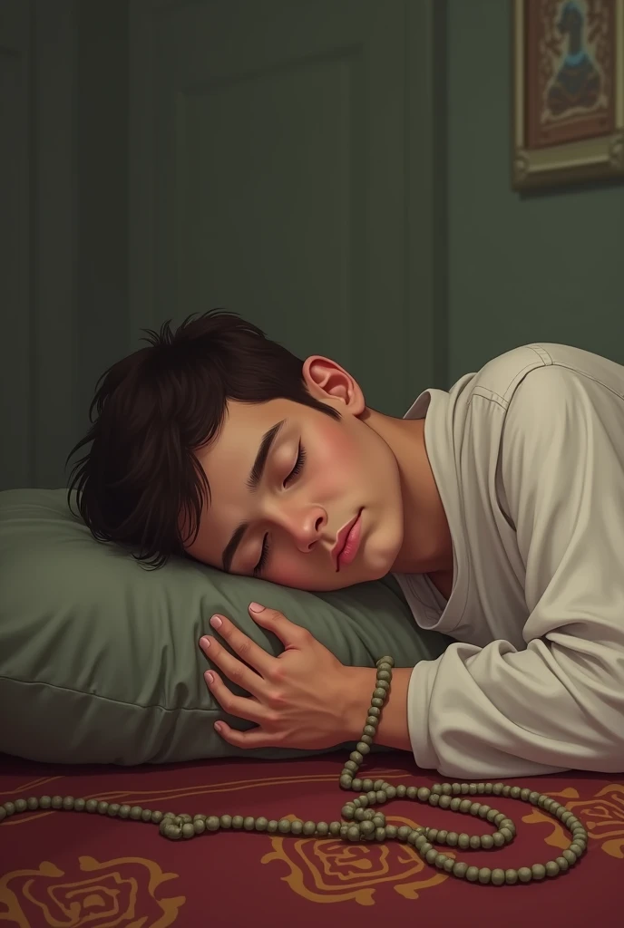 A young man lies asleep on a prayer mat while holding a prayer bead after reciting dhikr.