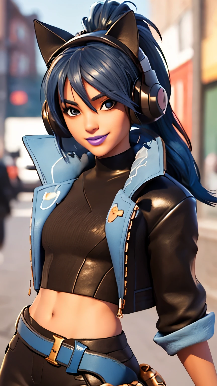 City background, 1girl, solo, HeroicHopeFN, Heroic Hope from fortnite, (crop top, black top, open clothes), (jacket crop top, black jacket, blue loose, jacket loose), fingerless gloves, black pants, blue belt, blue hair, ponytail, blue eyes, eyeshadow, headphones, cat ears headphones, holster, purple lips, lipsticks, smile, heart, wink, upper body, looking at viewer,