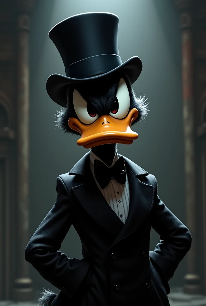 Adult Donald Duck with an attentive aggressive look, In a black jacket, feather color black, in a top hat. Smart face emotion