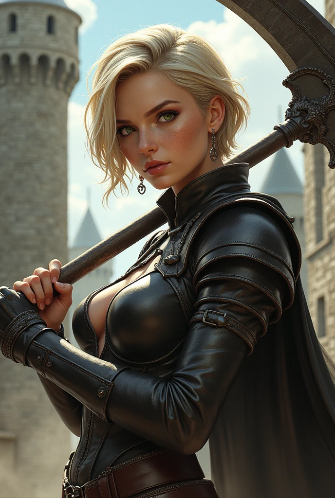 Illustration, detailed illustration, ultra detailed, best quality, dynamic angle, 1woman, beautiful, short blonde hair, green eyes, light freckles, leather armor, castle, carrying scythe