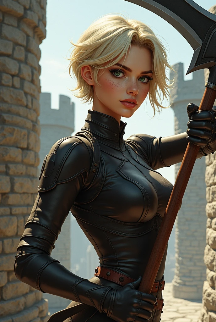 Illustration, detailed illustration, ultra detailed, best quality, dynamic angle, 1woman, beautiful, short blonde hair, green eyes, light freckles, leather armor, castle, carrying scythe