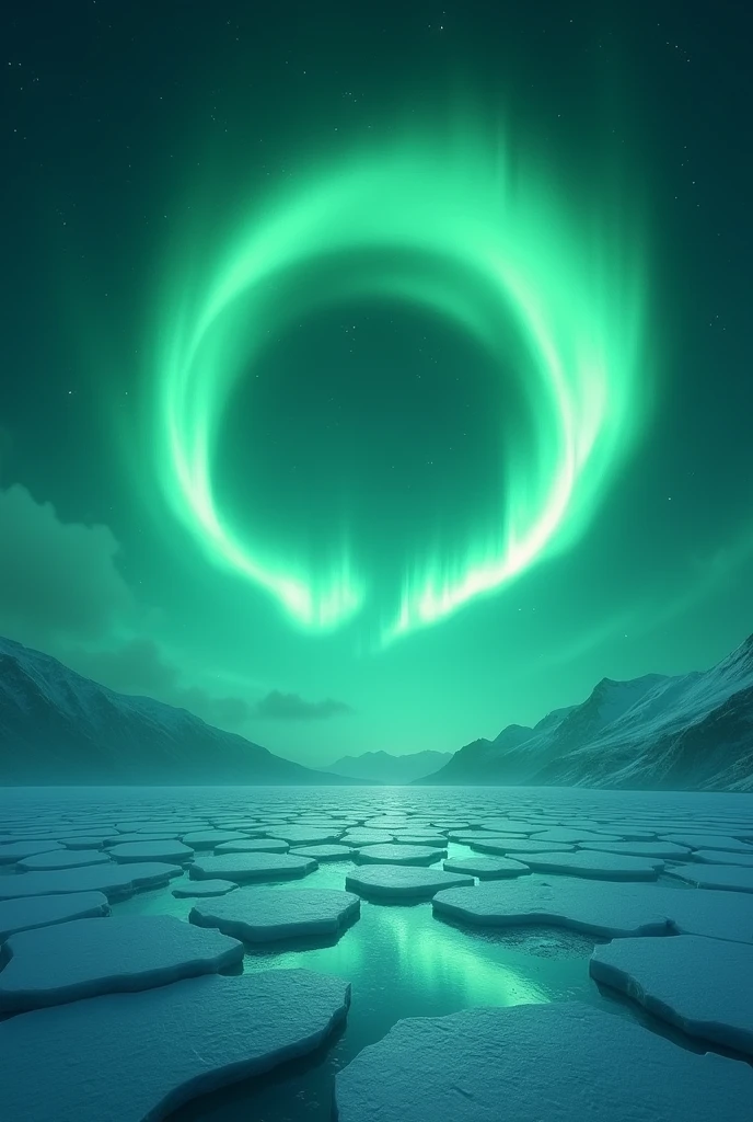 Create a green background with aurora borealis in a circle and ice With the look of blu