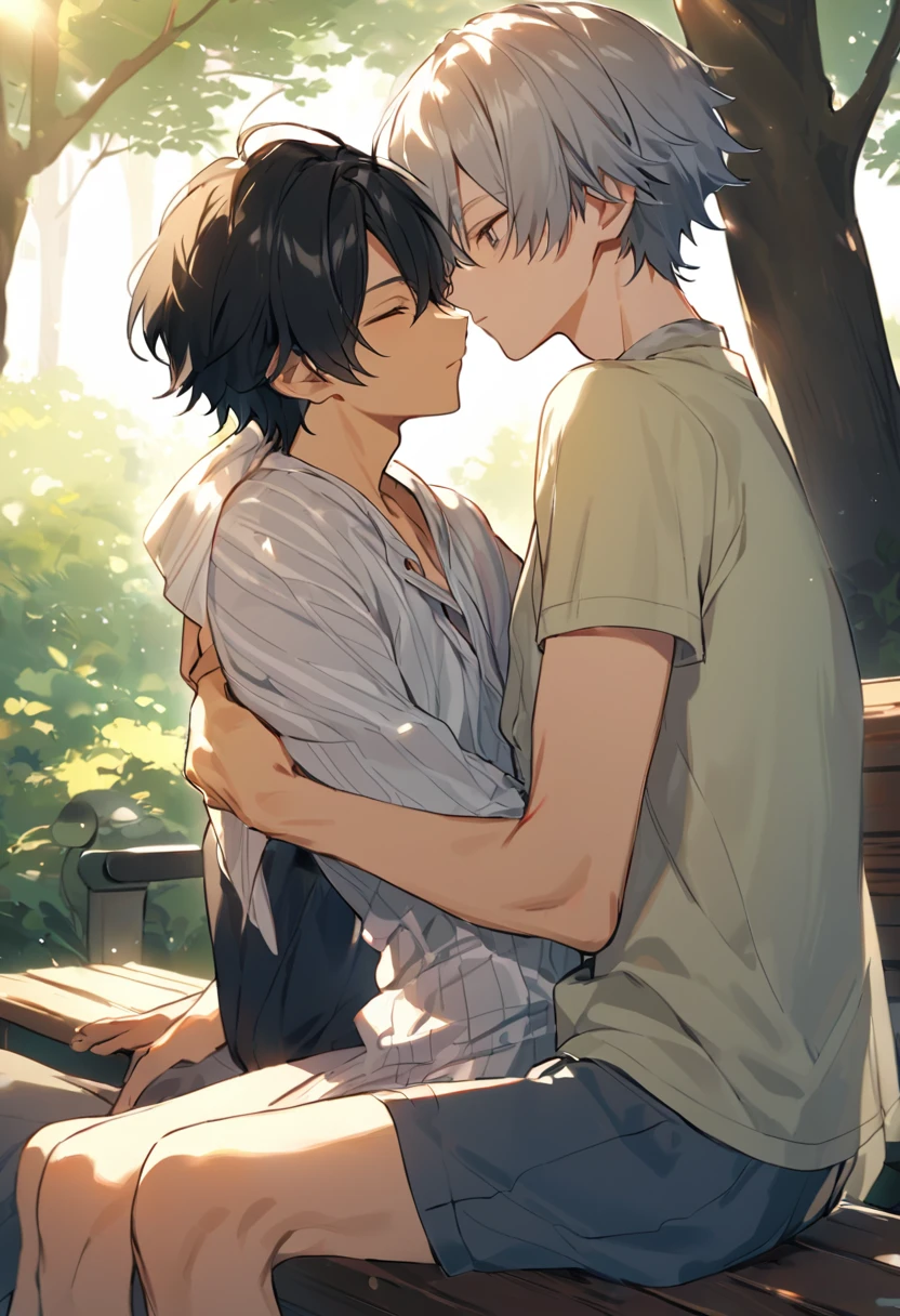 Two young men, Kamyko and Ryosuke, are sitting on a wooden bench in a peaceful park. The sun is shining through the trees, casting a warm, dappled light around them. Kamyko is a slender man with a delicate appearance, wearing casual yet stylish clothes. His hair is straight, dark, and falls just above his shoulders. He has his eyes closed and is leaning in toward Ryosuke with a gentle expression.
Ryosuke is slightly taller and has a more athletic build. He has short, tousled black hair and is dressed casually as well. His arm is wrapped around Kamyko, pulling him closer as they share a deep, affectionate kiss. The atmosphere is serene and intimate, capturing a moment of connection between the two as they sit close together, surrounded by the tranquility of the park.