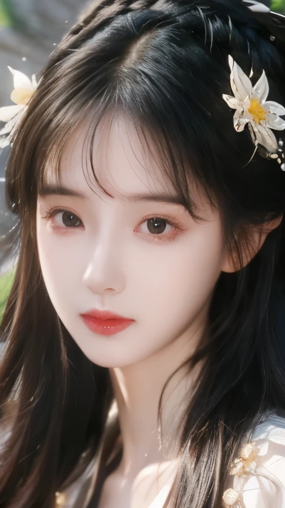 ((masterpiece))), (best quality)), (Extremely detailed), (illustration), (Very Tasty and beautiful), Dynamic, (beautiful), (The Light of Details) 1 girl, Pointy,Long hair, Solitary, Eye, Long legs, barefoot, Jewelry, nature, (Sunlight), (flowering), (portrait: 1.2), hazy, Hanfu,close up