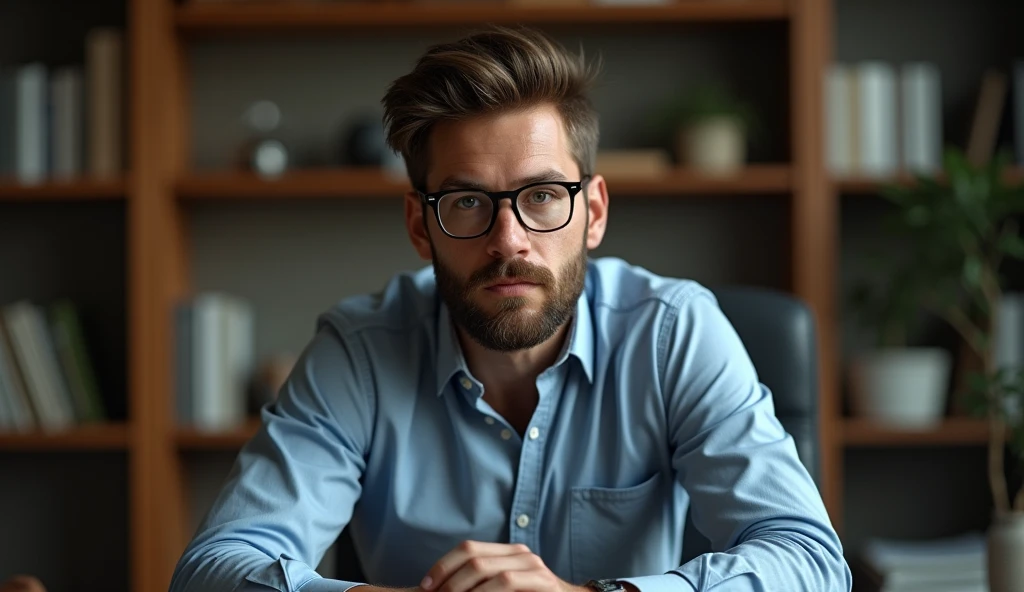 A hyperrealistic portrait of a man sitting at a desk, inspired by the style of Adam Marczyński. The man has strong masculine features, wearing glasses, with a well-groomed beard. He appears very attractive, with an intense yet approachable expression. The image captures a semi-realistic render, focusing on the upper body and face, showing him seated behind a desk. The background is subtly blurred, drawing attention to his thoughtful demeanor and professional setting, creating a dynamic yet composed portrait shot.