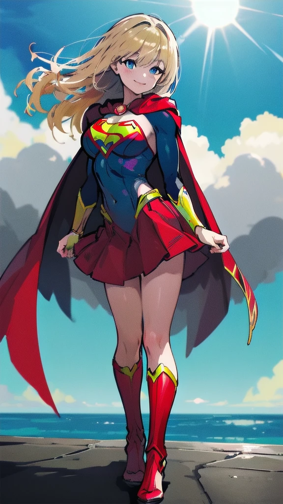 masterpiece, 4K, 8k, high quality, Very detailed, Detailed face, High resolution, Vibrant colors, Natural light, Best Shadow, Shallow depth of field, Portraiture (Supergirl:1.1) standing on a roof, smile, Red Skirt, Red Cape, red boots with heels, delicate, Captivating blue eyes, Nice medium sized breasts, blonde, (Superman symbol on chest:1.2), barefoot, blue sky, sunlight, cloud, sun, bloom,