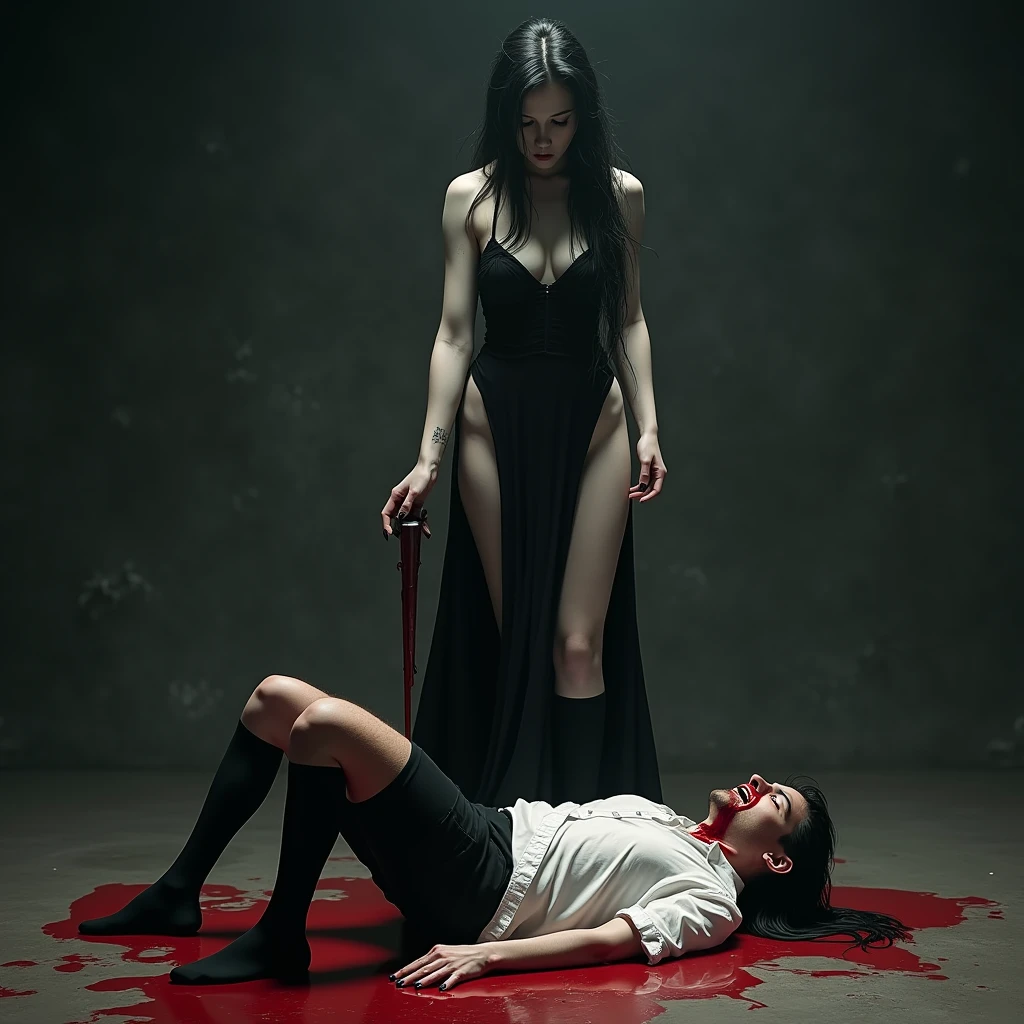 A gothic pale white woman, black thigh high socks, tall high heels, black wavy hair, standing tall directly over a man lying down on the floor with his back on the ground, she's stabbing her heel inside into his eye, her whole heel is into his eye, her heel has stabbed into his eye, his eye is bloody and has a hole where her heel is in, his face is bloody and beaten, his white shirt is bloody, the floor has a puddle of blood, the man is yelling in agony.