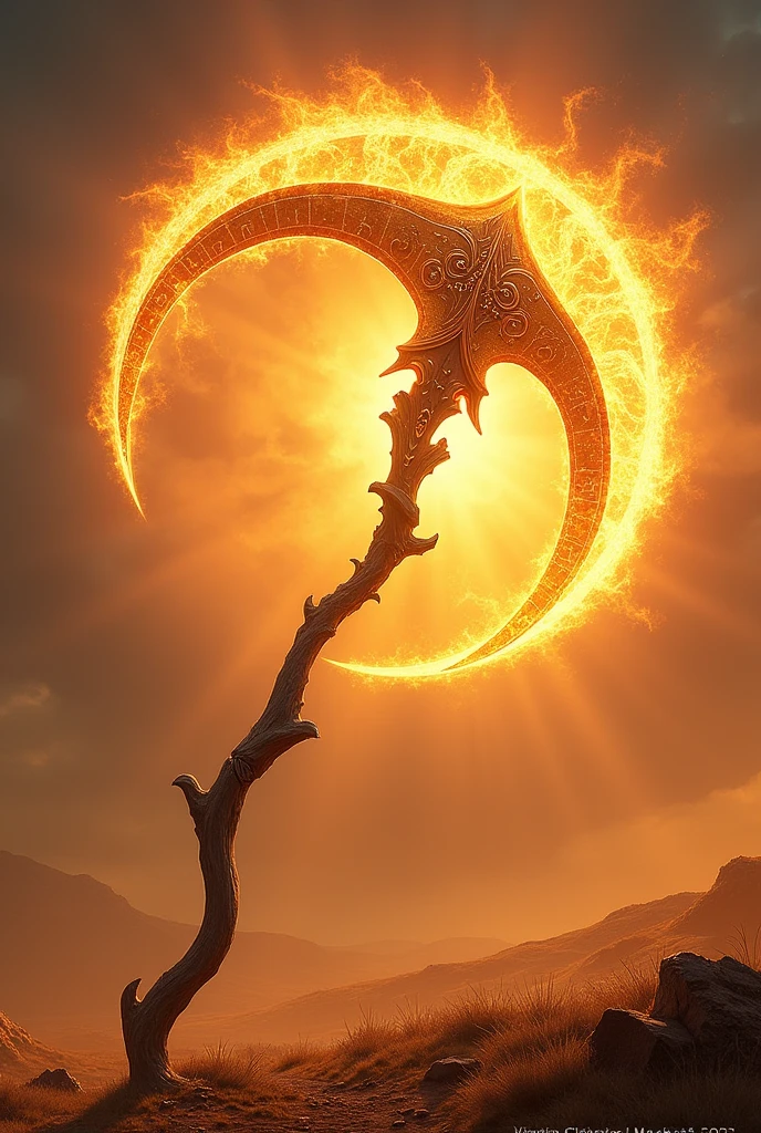 Envision a powerful solar scythe, with sunbeams concentrating on the curved blade, and a sturdy, worn handle made of dark wood.