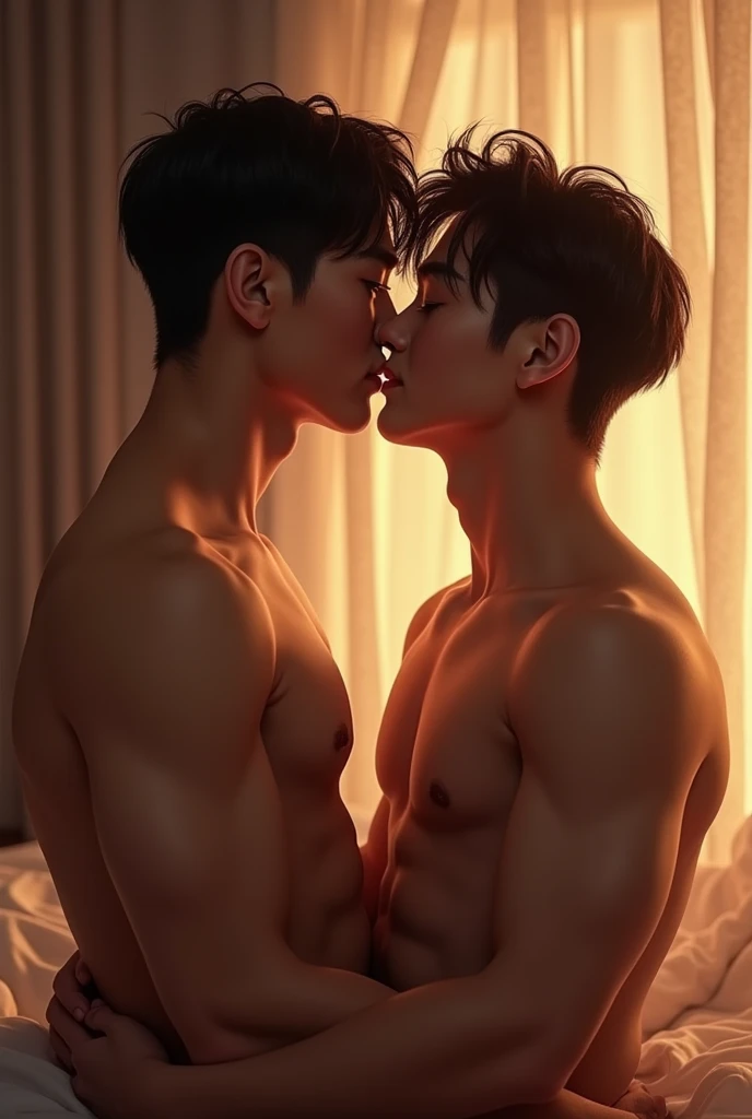 Korean handsome omega boy hugs Korean handsome alpha guy kissing him